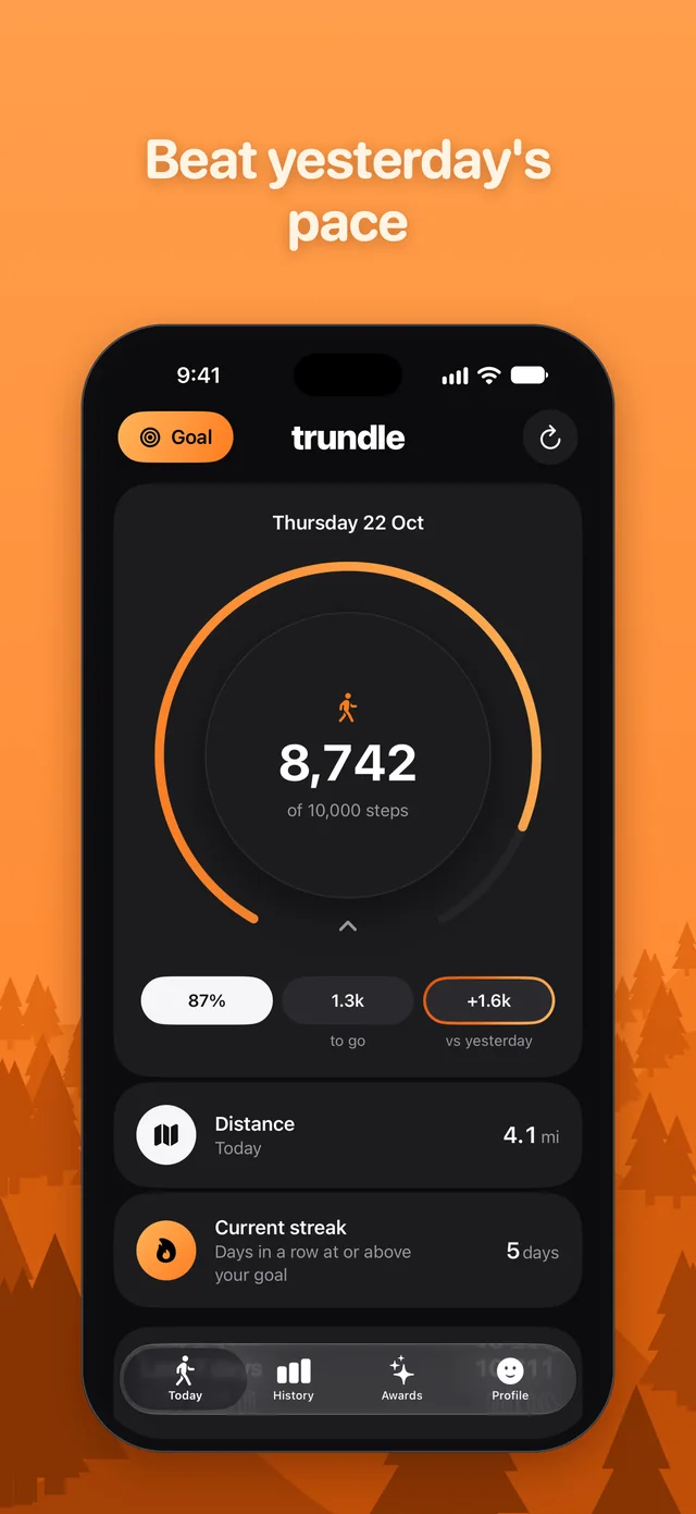 Today in dark mode, comparing your steps with the same time yesterday